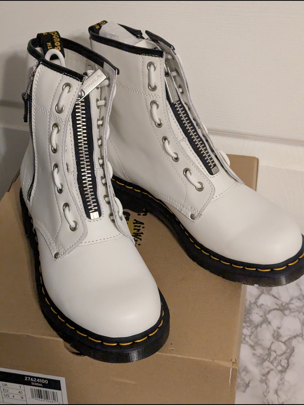 Dr. Martens White Leather Zip Front Combat Boots